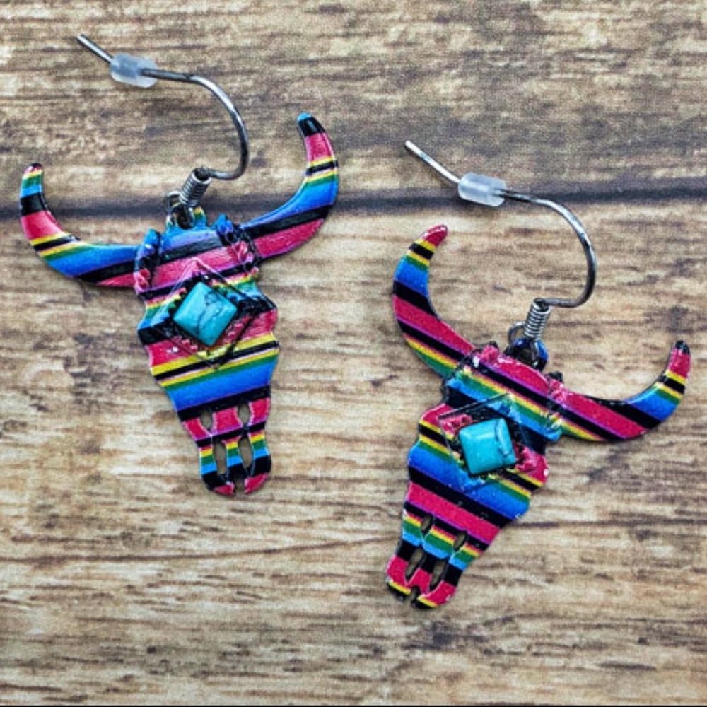 Western Serape Print Metal Longhorn Skull Earrings